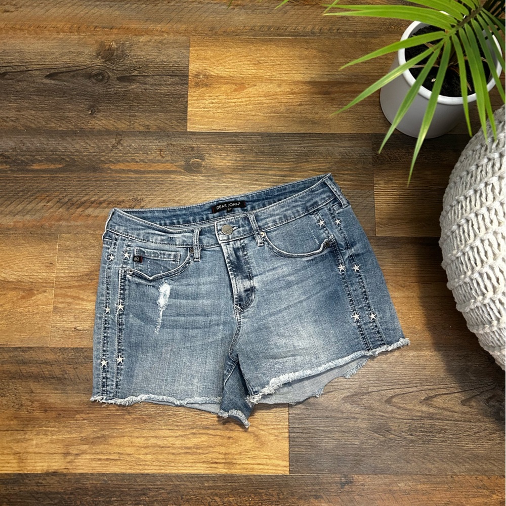 Blue Spice Distressed Light Wash Denim Jean Shorts with Star Stud Trim